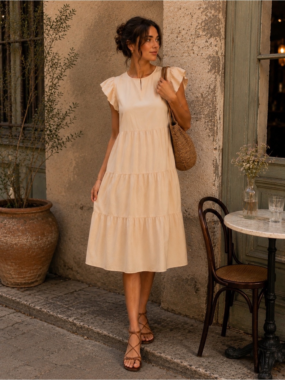 Women’s Tiered Flutter-Sleeve Midi Dress in Cream